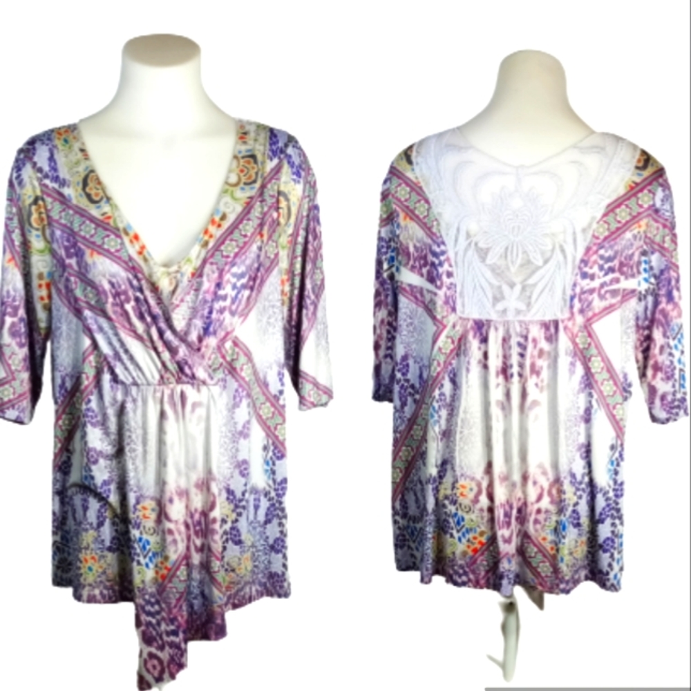 One World Multi Color Lace Top Sz 1X